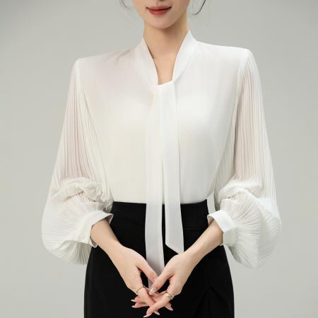 FA53042# 春季新款风琴百褶袖雪纺衬衫垂感不易皱通勤飘带上衣  服裝批發女裝批發服飾貨源