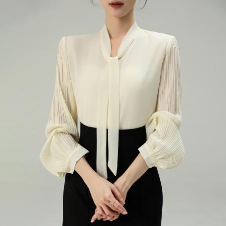 FA53042# 春季新款风琴百褶袖雪纺衬衫垂感不易皱通勤飘带上衣  服裝批發女裝批發服飾貨源