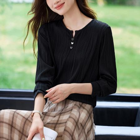 FA53043# 法式肌理感正肩长袖t恤女春季新款独特别致上衣长袖体恤小衫  服裝批發女裝批發服飾貨源