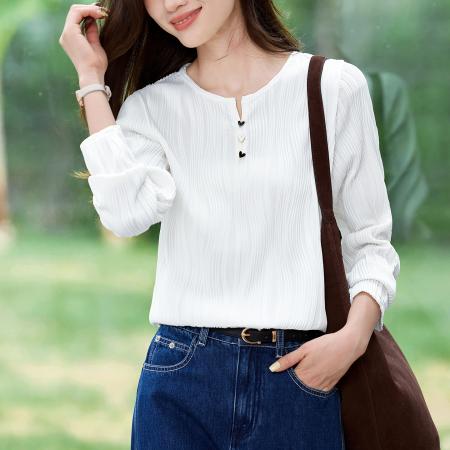 FA53043# 法式肌理感正肩长袖t恤女春季新款独特别致上衣长袖体恤小衫  服裝批發女裝批發服飾貨源