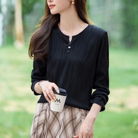 FA53043# 法式肌理感正肩长袖t恤女春季新款独特别致上衣长袖体恤小衫  服裝批發女裝批發服飾貨源