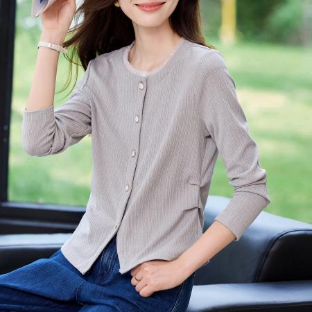 FA53045# 撞色拼接花边设计感灰色T恤女春季收腰褶皱今年流行上衣  服裝批發女裝批發服飾貨源