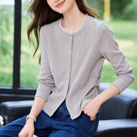 FA53045# 撞色拼接花边设计感灰色T恤女春季收腰褶皱今年流行上衣  服裝批發女裝批發服飾貨源