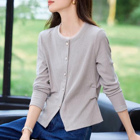 FA53045# 撞色拼接花边设计感灰色T恤女春季收腰褶皱今年流行上衣  服裝批發女裝批發服飾貨源