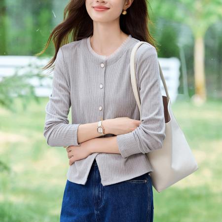 FA53045# 撞色拼接花边设计感灰色T恤女春季收腰褶皱今年流行上衣  服裝批發女裝批發服飾貨源