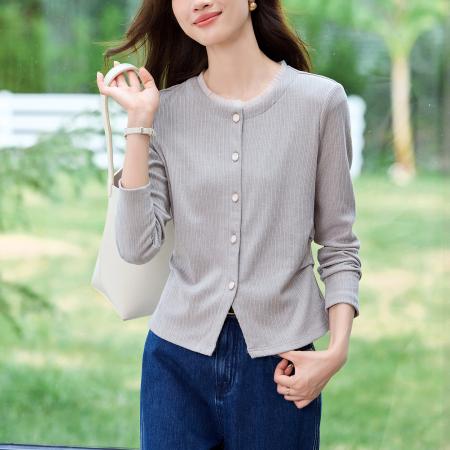 FA53045# 撞色拼接花边设计感灰色T恤女春季收腰褶皱今年流行上衣  服裝批發女裝批發服飾貨源