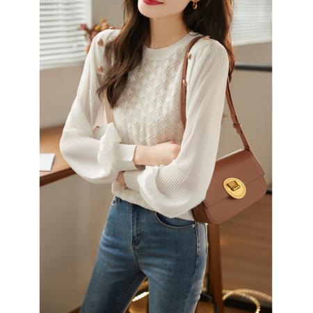 FA53046# 蕾丝拼接打底衫女春季新款宽松百搭休闲花边领网纱上衣  服裝批發女裝批發服飾貨源