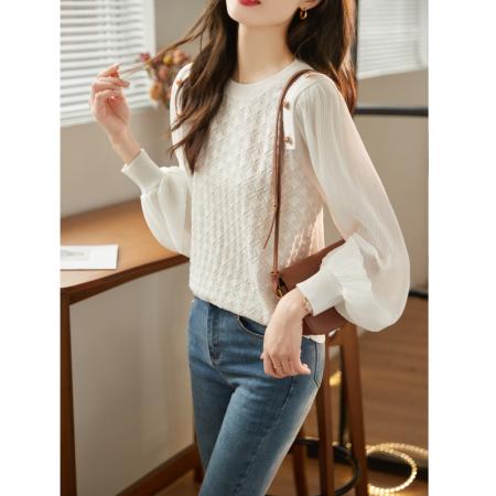 FA53046# 蕾丝拼接打底衫女春季新款宽松百搭休闲花边领网纱上衣  服裝批發女裝批發服飾貨源