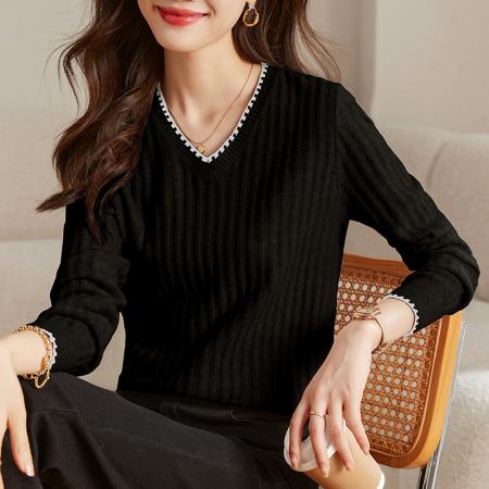 FA53048# 春季长袖t恤女打底衫新款洋气减龄宽松上衣v领针织衫  服裝批發女裝批發服飾貨源