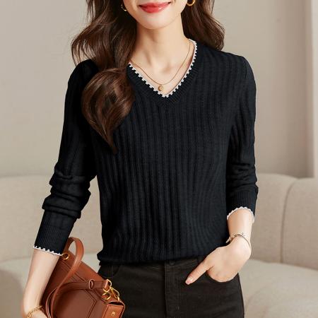FA53048# 春季长袖t恤女打底衫新款洋气减龄宽松上衣v领针织衫  服裝批發女裝批發服飾貨源