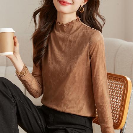 FA53049# 肌理蕾丝打底衫女早春新款花边半高领内搭长袖T恤上衣  服裝批發女裝批發服飾貨源