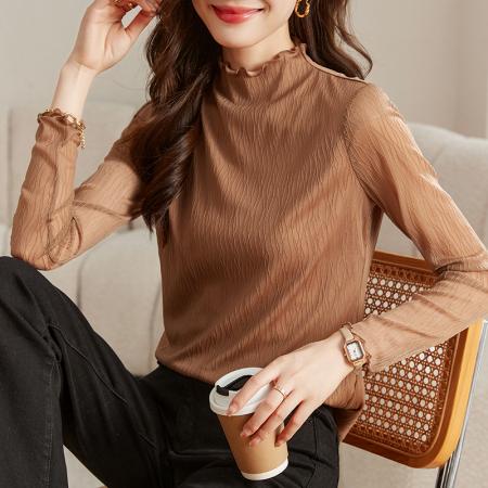 FA53049# 肌理蕾丝打底衫女早春新款花边半高领内搭长袖T恤上衣  服裝批發女裝批發服飾貨源