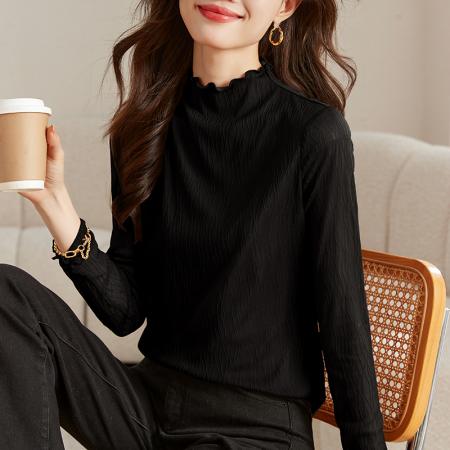 FA53049# 肌理蕾丝打底衫女早春新款花边半高领内搭长袖T恤上衣  服裝批發女裝批發服飾貨源