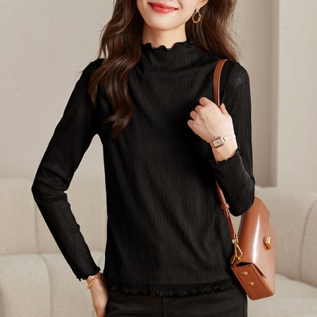 FA53049# 肌理蕾丝打底衫女早春新款花边半高领内搭长袖T恤上衣  服裝批發女裝批發服飾貨源