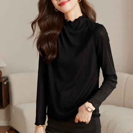 FA53049# 肌理蕾丝打底衫女早春新款花边半高领内搭长袖T恤上衣  服裝批發女裝批發服飾貨源