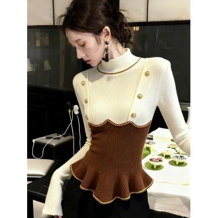 FA53050# 优雅小香风咖白撞色半高领长袖毛衣针织衫女秋冬款高级感掐腰上衣  服裝批發女裝批發服飾貨源