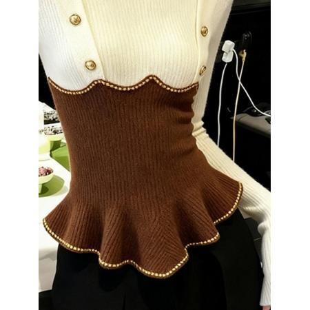 FA53050# 优雅小香风咖白撞色半高领长袖毛衣针织衫女秋冬款高级感掐腰上衣  服裝批發女裝批發服飾貨源