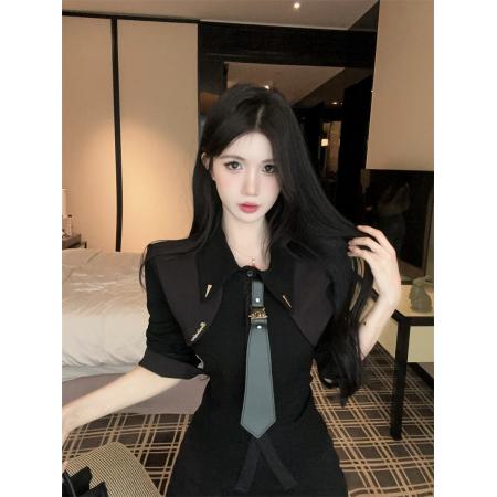 FA53053# 设计感拼接黑色领带款长袖衬衫秋冬新款翻领修身上衣  服裝批發女裝批發服飾貨源