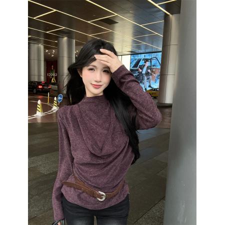 FA53055# ～辣妹荡领挂脖紫色针织衫假两件抽褶洋气显瘦小衫配腰带  服裝批發女裝批發服飾貨源