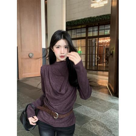 FA53055# ～辣妹荡领挂脖紫色针织衫假两件抽褶洋气显瘦小衫配腰带  服裝批發女裝批發服飾貨源