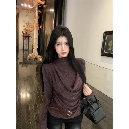 FA53055# ～辣妹荡领挂脖紫色针织衫假两件抽褶洋气显瘦小衫配腰带  服裝批發女裝批發服飾貨源