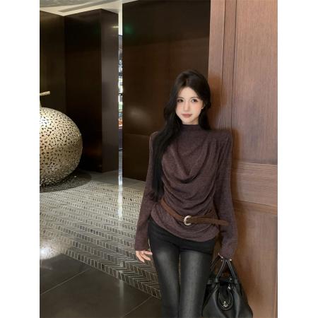 FA53055# ～辣妹荡领挂脖紫色针织衫假两件抽褶洋气显瘦小衫配腰带  服裝批發女裝批發服飾貨源