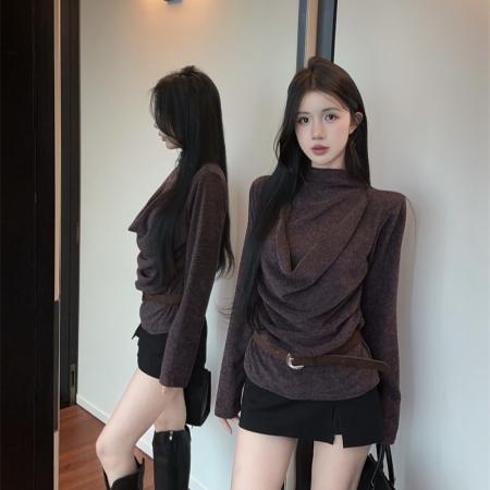 FA53055# ～辣妹荡领挂脖紫色针织衫假两件抽褶洋气显瘦小衫配腰带  服裝批發女裝批發服飾貨源