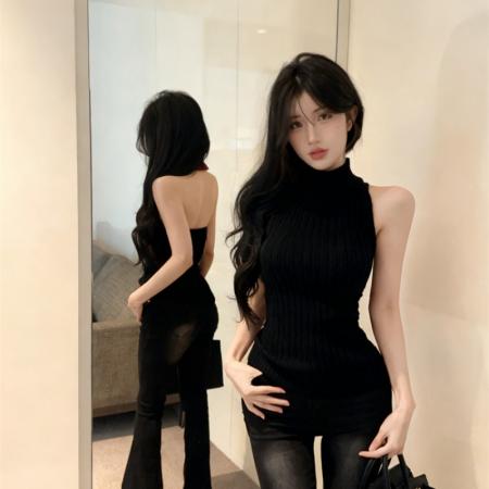 FA53056# 红色针织抹胸背心女秋冬季圣诞纯欲挂脖修身打底上衣  服裝批發女裝批發服飾貨源