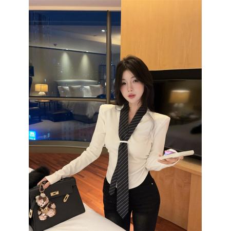 FA53057# ～秋冬磨毛新款韩版设计感领带V领长袖T恤修身短款上衣  服裝批發女裝批發服飾貨源