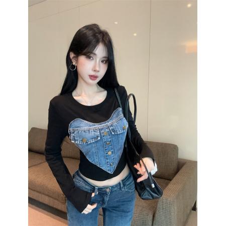 FA53058# ～新款韩版爱心重工牛仔拼接长袖T恤辣妹短款上衣女  服裝批發女裝批發服飾貨源