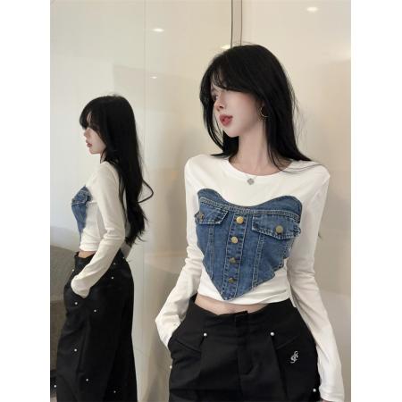 FA53058# ～新款韩版爱心重工牛仔拼接长袖T恤辣妹短款上衣女  服裝批發女裝批發服飾貨源