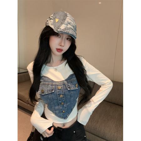 FA53058# ～新款韩版爱心重工牛仔拼接长袖T恤辣妹短款上衣女  服裝批發女裝批發服飾貨源