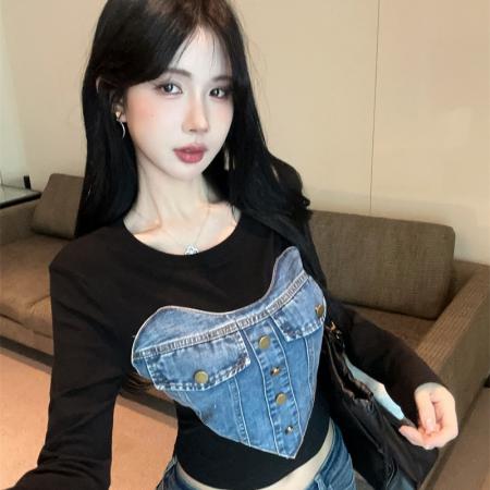 FA53058# ～新款韩版爱心重工牛仔拼接长袖T恤辣妹短款上衣女  服裝批發女裝批發服飾貨源