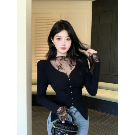 FA53059# 秋冬新款拼接蕾丝洋气长袖不规则加厚磨毛褶皱开叉上衣  服裝批發女裝批發服飾貨源