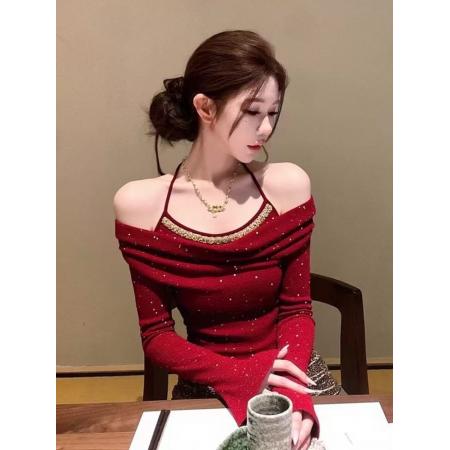 FA53060# 红色一字肩喇叭袖针织衫女秋冬新款露肩挂脖内搭打底衫上衣女  服裝批發女裝批發服飾貨源