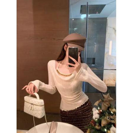 FA53060# 红色一字肩喇叭袖针织衫女秋冬新款露肩挂脖内搭打底衫上衣女  服裝批發女裝批發服飾貨源