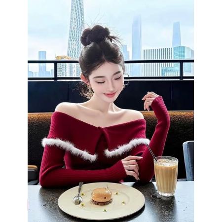 FA53061# 新年穿搭洋气独特别致修身打底衫女秋冬新款红色一字肩长袖上衣女  服裝批發女裝批發服飾貨源