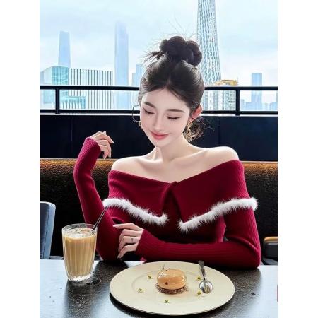 FA53061# 新年穿搭洋气独特别致修身打底衫女秋冬新款红色一字肩长袖上衣女  服裝批發女裝批發服飾貨源