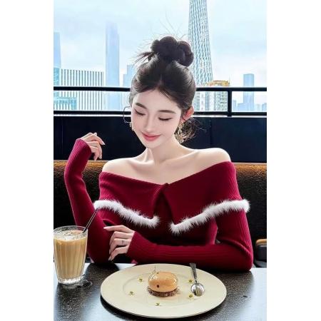 FA53061# 新年穿搭洋气独特别致修身打底衫女秋冬新款红色一字肩长袖上衣女  服裝批發女裝批發服飾貨源