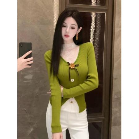 FA53062# 独特漂亮绿色拼接针织衫女冬季新款立体花朵修身显瘦内搭毛衣  服裝批發女裝批發服飾貨源