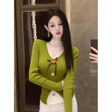 FA53062# 独特漂亮绿色拼接针织衫女冬季新款立体花朵修身显瘦内搭毛衣  服裝批發女裝批發服飾貨源