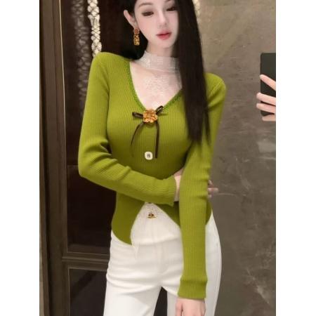 FA53062# 独特漂亮绿色拼接针织衫女冬季新款立体花朵修身显瘦内搭毛衣  服裝批發女裝批發服飾貨源
