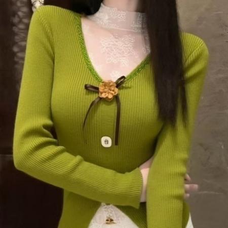 FA53062# 独特漂亮绿色拼接针织衫女冬季新款立体花朵修身显瘦内搭毛衣  服裝批發女裝批發服飾貨源