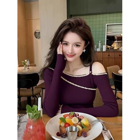 FA53063# 不规则斜肩露肩针织打底衫女秋冬新款内搭好看修身长袖上衣女  服裝批發女裝批發服飾貨源