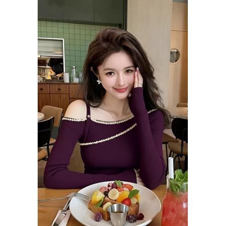 FA53063# 不规则斜肩露肩针织打底衫女秋冬新款内搭好看修身长袖上衣女  服裝批發女裝批發服飾貨源