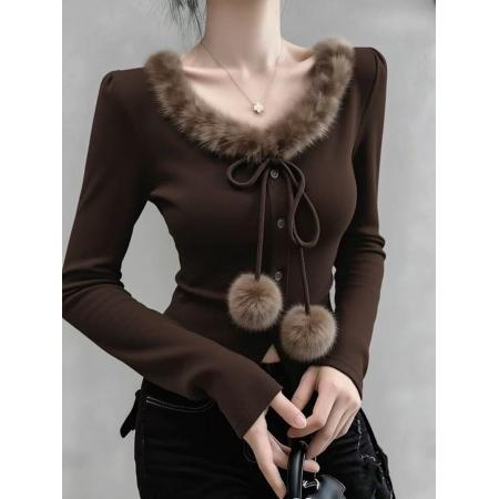 FA53064# 系带毛毛边长袖针织衫女秋冬收腰套头黑色打底衫上衣女  服裝批發女裝批發服飾貨源