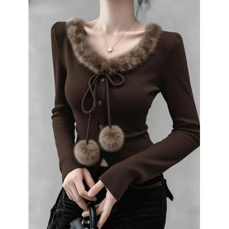 FA53064# 系带毛毛边长袖针织衫女秋冬收腰套头黑色打底衫上衣女  服裝批發女裝批發服飾貨源