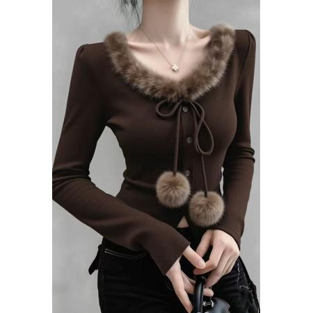 FA53064# 系带毛毛边长袖针织衫女秋冬收腰套头黑色打底衫上衣女  服裝批發女裝批發服飾貨源