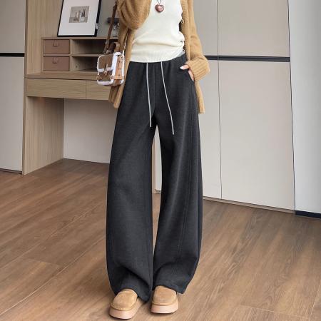 FA53066# 深灰色糯米裤女秋冬新款休闲宽松bf慵懒风运动加绒阔腿弯刀裤  服裝批發女裝批發服飾貨源