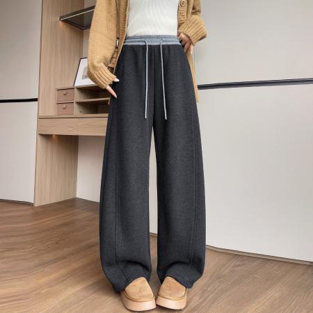 FA53066# 深灰色糯米裤女秋冬新款休闲宽松bf慵懒风运动加绒阔腿弯刀裤  服裝批發女裝批發服飾貨源